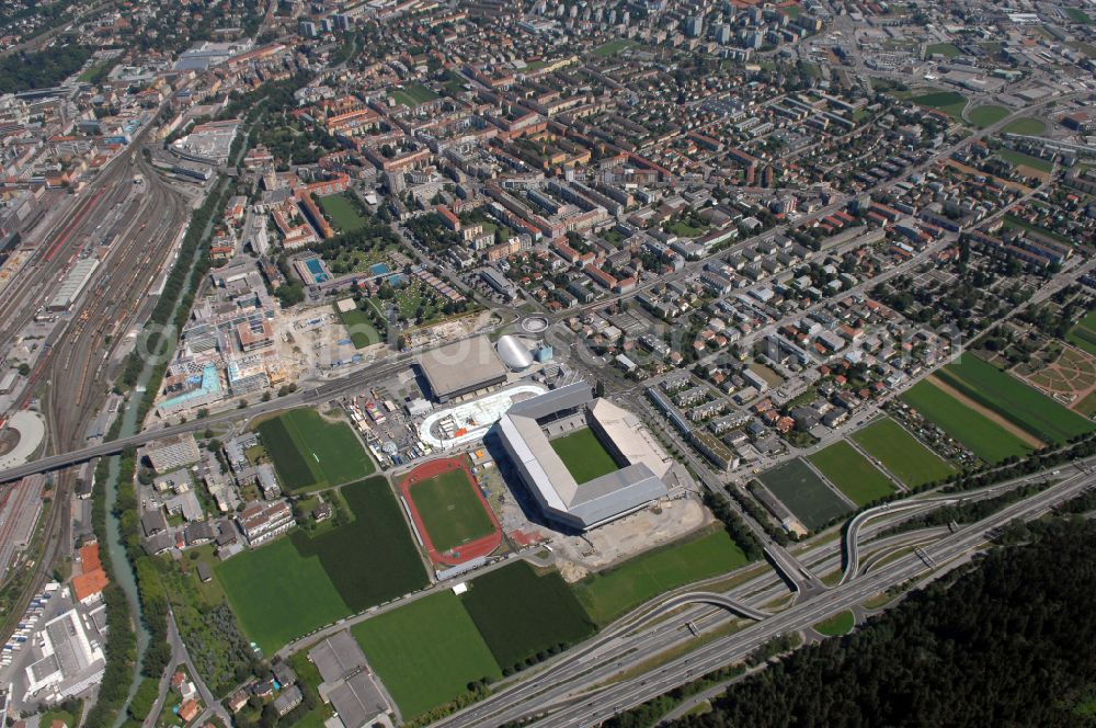 Aerial photograph Innsbruck - Sports facility grounds of the Arena stadium Tivoli-Stadion on street Stadionstrasse in Innsbruck in Tirol, Austria