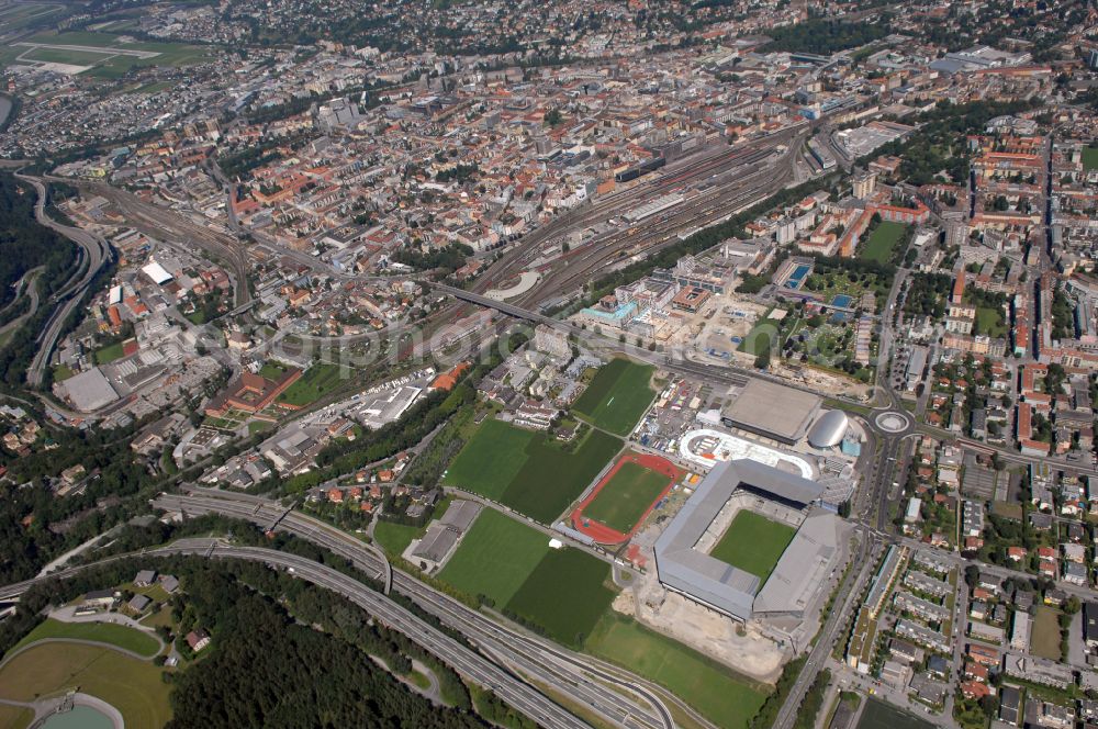 Innsbruck from the bird's eye view: Sports facility grounds of the Arena stadium Tivoli-Stadion on street Stadionstrasse in Innsbruck in Tirol, Austria