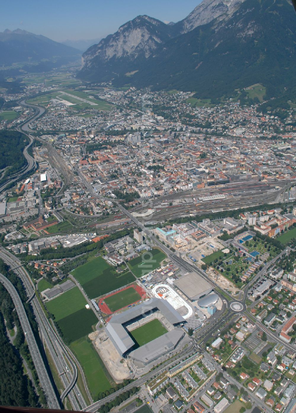 Aerial image Innsbruck - Sports facility grounds of the Arena stadium Tivoli-Stadion on street Stadionstrasse in Innsbruck in Tirol, Austria