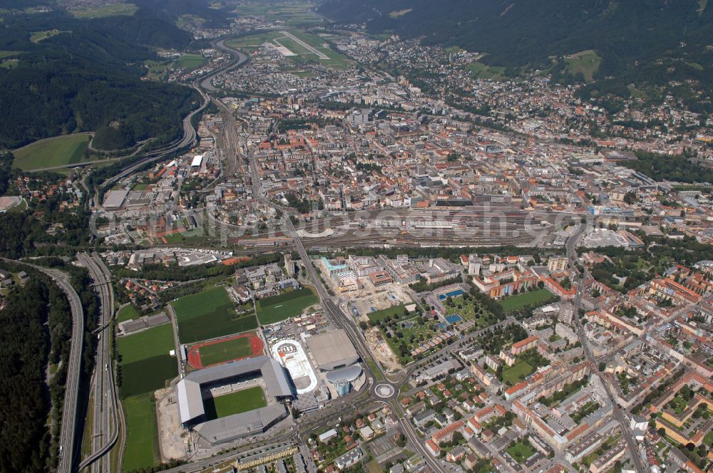 Innsbruck from the bird's eye view: Sports facility grounds of the Arena stadium Tivoli-Stadion on street Stadionstrasse in Innsbruck in Tirol, Austria