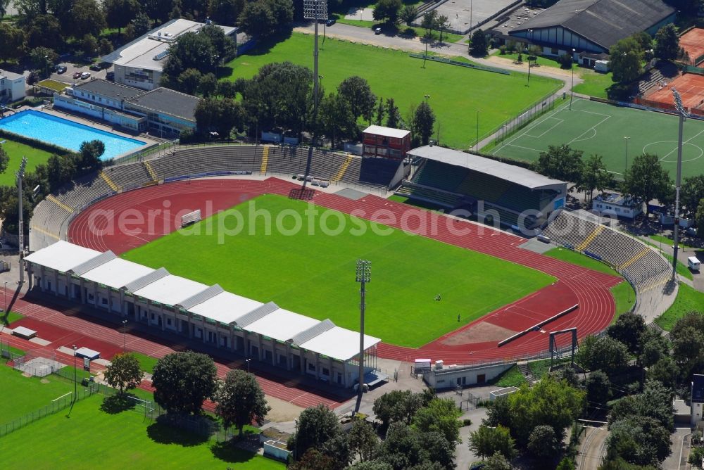 Ulm from above - Sports facility grounds of the Arena stadium in Ulm in the state Baden-Wuerttemberg