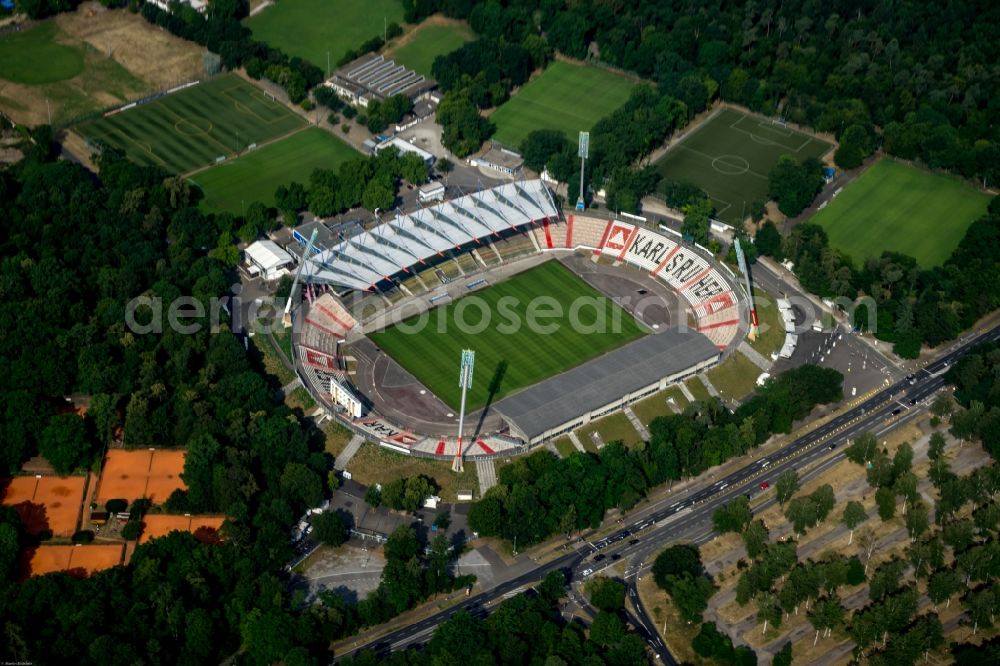 Karlsruhe from above - Sports facility grounds of the Arena stadium Wildparkstadion on Adenauerring in Karlsruhe in the state Baden-Wuerttemberg