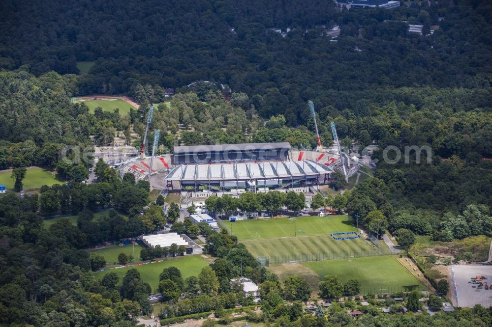 Aerial photograph Karlsruhe - Sports facility grounds of the Arena stadium Wildparkstadion on Adenauerring in Karlsruhe in the state Baden-Wuerttemberg, Germany