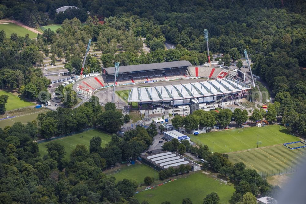 Karlsruhe from above - Sports facility grounds of the Arena stadium Wildparkstadion on Adenauerring in Karlsruhe in the state Baden-Wuerttemberg, Germany