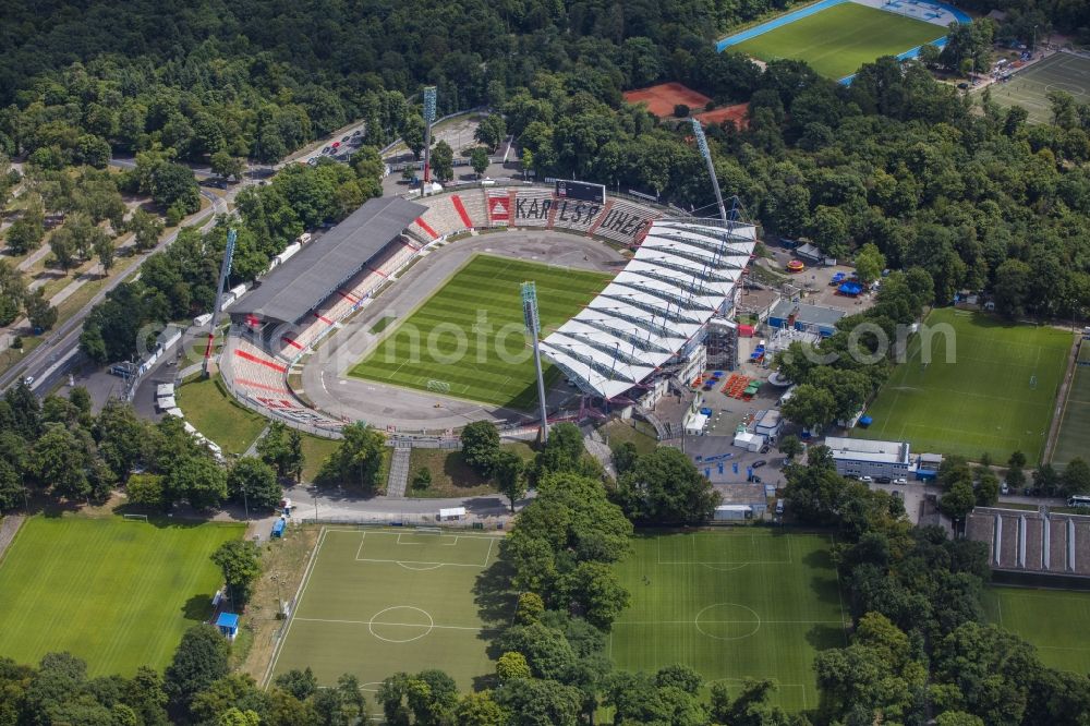 Karlsruhe from the bird's eye view: Sports facility grounds of the Arena stadium Wildparkstadion on Adenauerring in Karlsruhe in the state Baden-Wuerttemberg, Germany