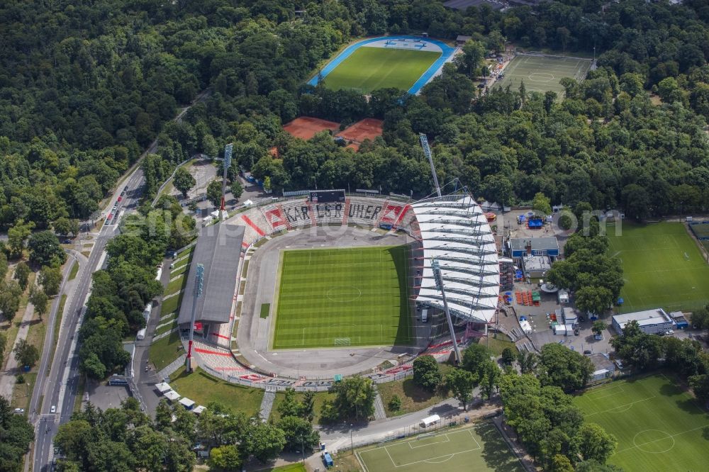 Aerial image Karlsruhe - Sports facility grounds of the Arena stadium Wildparkstadion on Adenauerring in Karlsruhe in the state Baden-Wuerttemberg, Germany