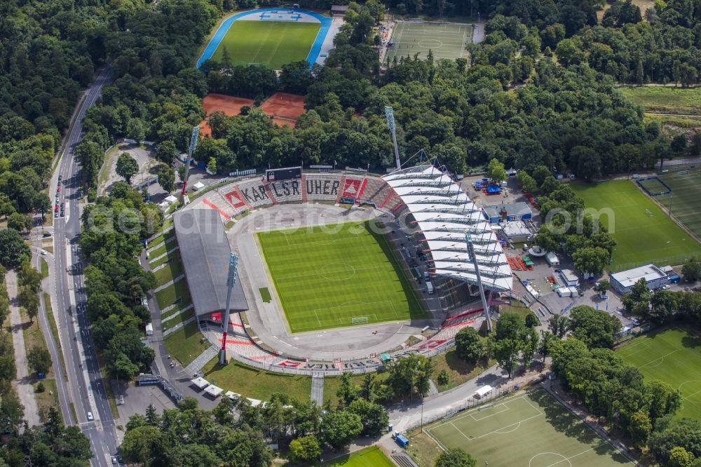 Aerial photograph Karlsruhe - Sports facility grounds of the Arena stadium Wildparkstadion on Adenauerring in Karlsruhe in the state Baden-Wuerttemberg, Germany