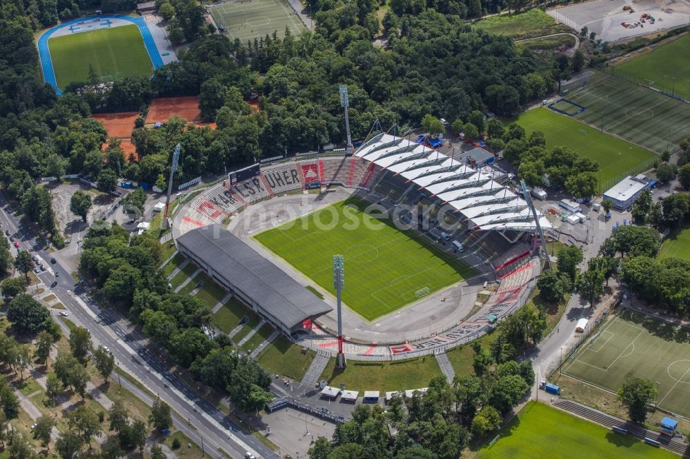 Karlsruhe from above - Sports facility grounds of the Arena stadium Wildparkstadion on Adenauerring in Karlsruhe in the state Baden-Wuerttemberg, Germany