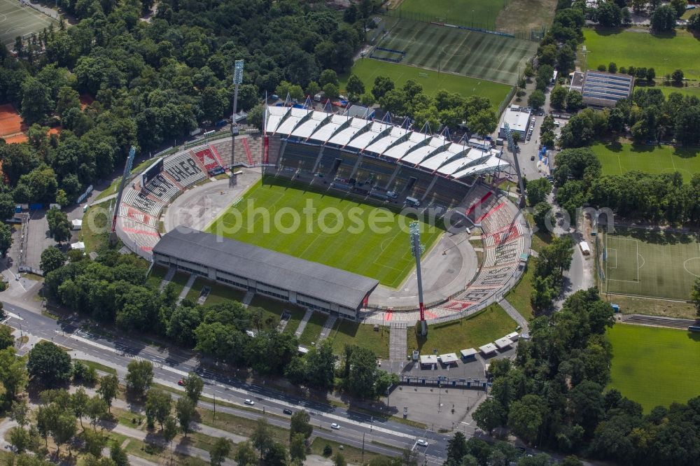 Karlsruhe from the bird's eye view: Sports facility grounds of the Arena stadium Wildparkstadion on Adenauerring in Karlsruhe in the state Baden-Wuerttemberg, Germany