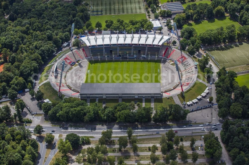 Aerial image Karlsruhe - Sports facility grounds of the Arena stadium Wildparkstadion on Adenauerring in Karlsruhe in the state Baden-Wuerttemberg, Germany