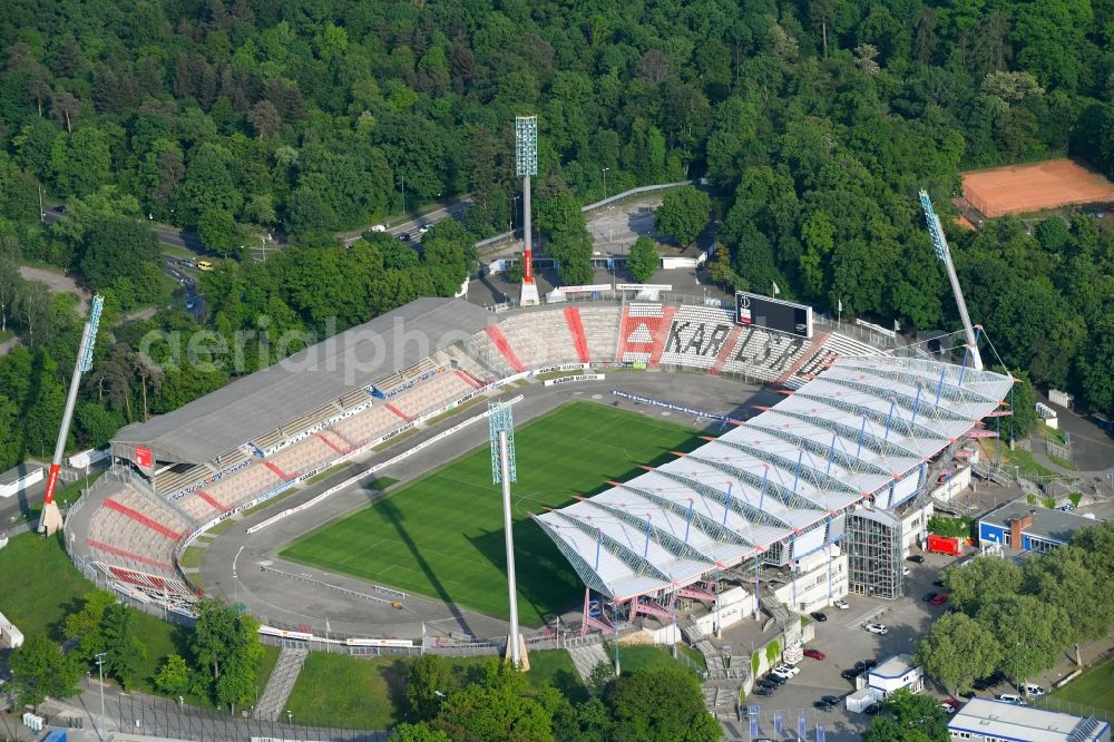 Karlsruhe from the bird's eye view: Sports facility grounds of the Arena stadium Wildparkstadion on Adenauerring in Karlsruhe in the state Baden-Wuerttemberg, Germany