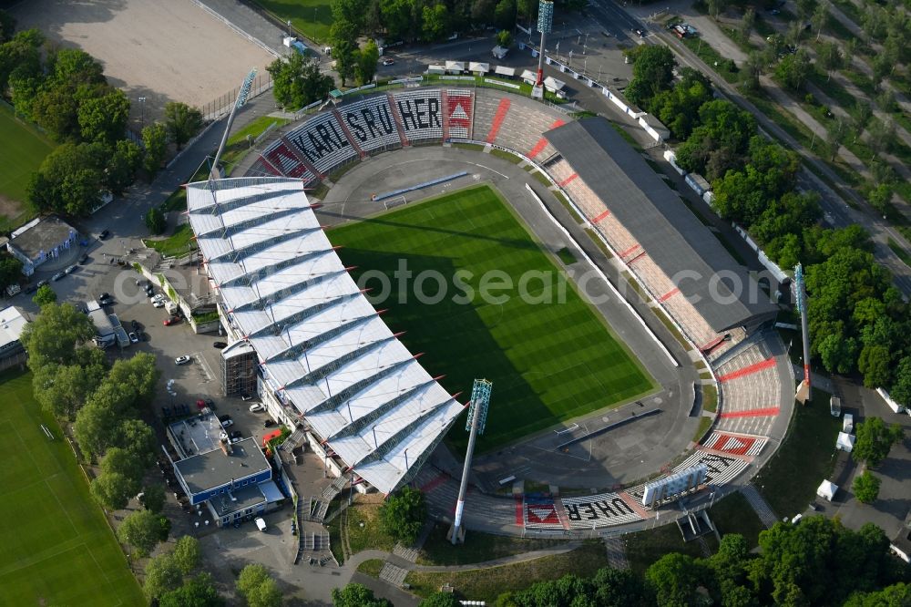 Karlsruhe from above - Sports facility grounds of the Arena stadium Wildparkstadion on Adenauerring in Karlsruhe in the state Baden-Wuerttemberg, Germany