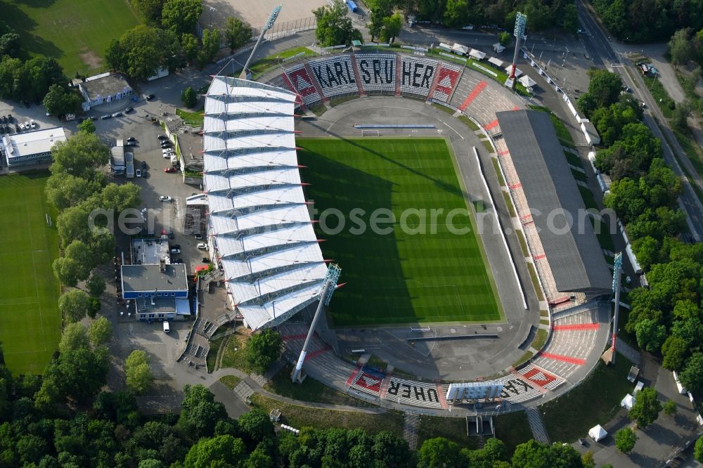 Karlsruhe from the bird's eye view: Sports facility grounds of the Arena stadium Wildparkstadion on Adenauerring in Karlsruhe in the state Baden-Wuerttemberg, Germany