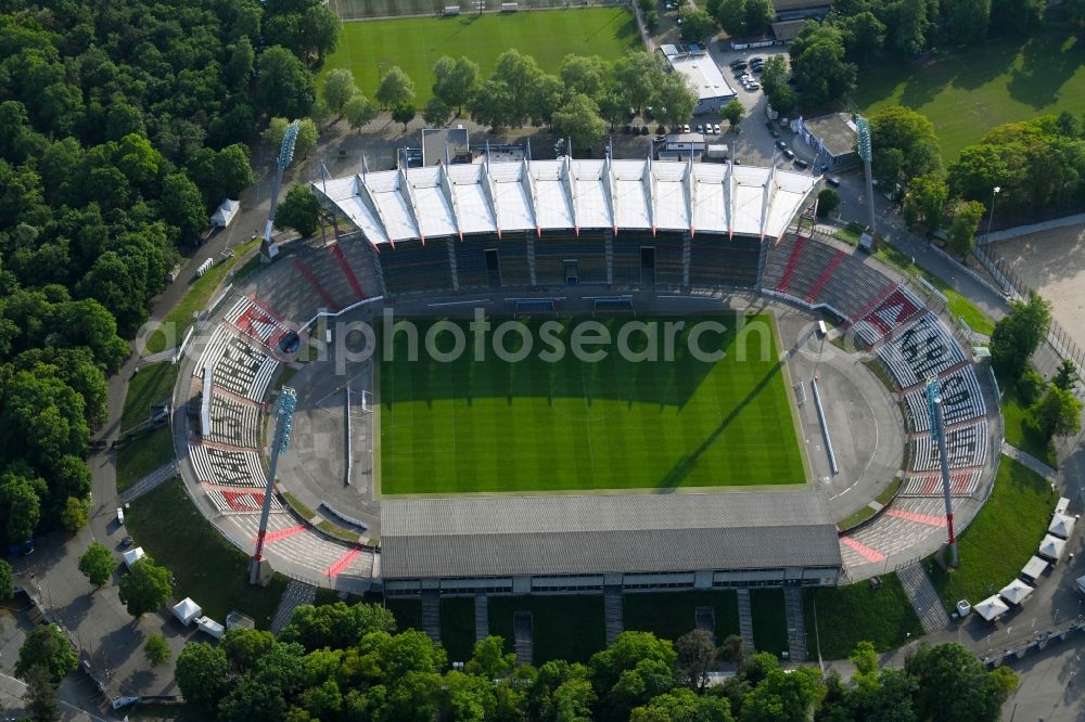 Karlsruhe from the bird's eye view: Sports facility grounds of the Arena stadium Wildparkstadion on Adenauerring in Karlsruhe in the state Baden-Wuerttemberg, Germany