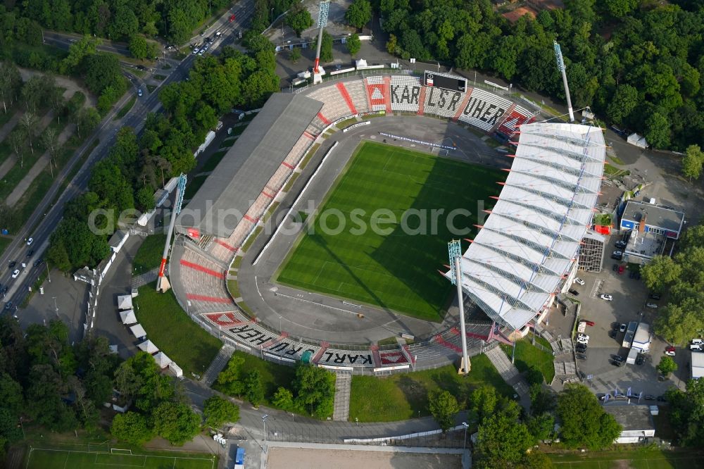 Karlsruhe from above - Sports facility grounds of the Arena stadium Wildparkstadion on Adenauerring in Karlsruhe in the state Baden-Wuerttemberg, Germany