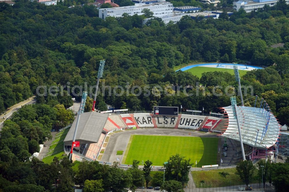 Karlsruhe from the bird's eye view: Sports facility grounds of the Arena stadium Wildparkstadion on Adenauerring in Karlsruhe in the state Baden-Wurttemberg, Germany