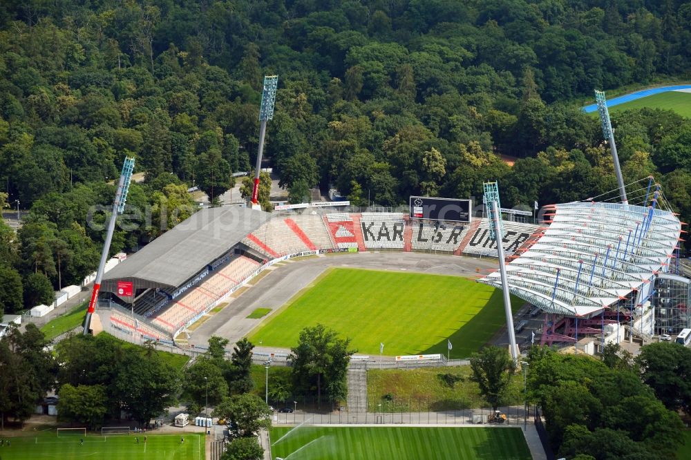 Aerial photograph Karlsruhe - Sports facility grounds of the Arena stadium Wildparkstadion on Adenauerring in Karlsruhe in the state Baden-Wurttemberg, Germany