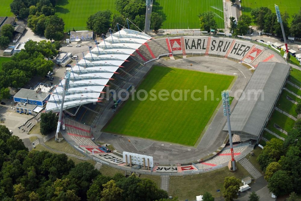 Aerial image Karlsruhe - Sports facility grounds of the Arena stadium Wildparkstadion on Adenauerring in Karlsruhe in the state Baden-Wurttemberg, Germany