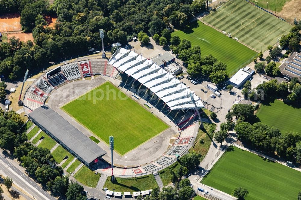 Karlsruhe from the bird's eye view: Sports facility grounds of the Arena stadium Wildparkstadion on Adenauerring in Karlsruhe in the state Baden-Wurttemberg, Germany