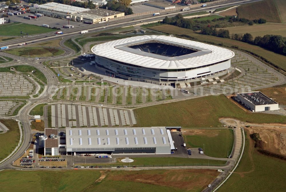 Aerial image Sinsheim - Sports facility grounds of the Arena stadium WIRSOL Rhein-Neckar-Arena an der Dietmar-Hopp-Strasse in Sinsheim in the state Baden-Wuerttemberg