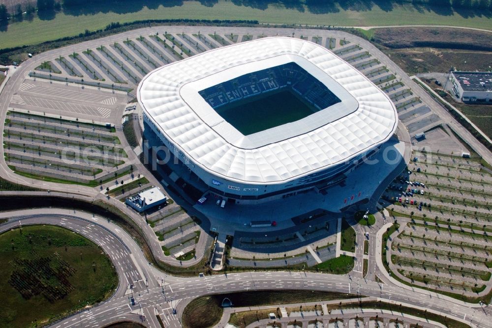 Aerial image Sinsheim - Sports facility grounds of the Arena stadium WIRSOL Rhein-Neckar-Arena an der Dietmar-Hopp-Strasse in Sinsheim in the state Baden-Wuerttemberg