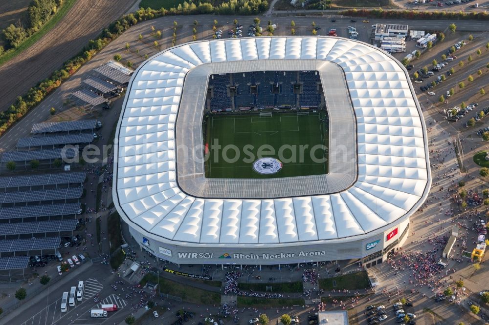 Aerial image Sinsheim - Sports facility grounds of the Arena stadium WIRSOL Rhein-Neckar-Arena an der Dietmar-Hopp-Strasse in Sinsheim in the state Baden-Wurttemberg