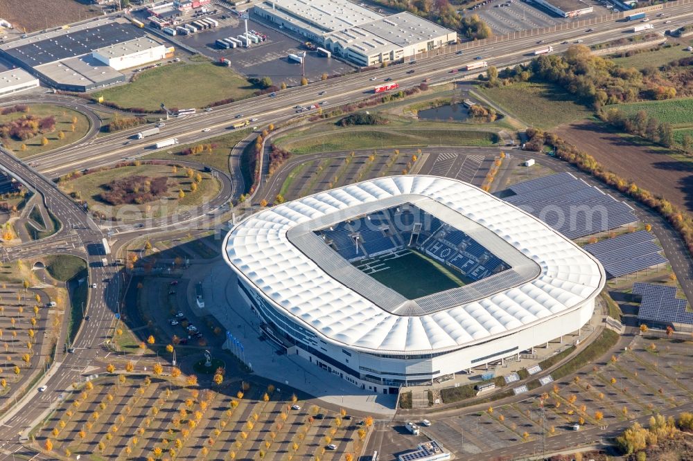 Aerial photograph Sinsheim - Sports facility grounds of the Arena stadium WIRSOL Rhein-Neckar-Arena an der Dietmar-Hopp-Strasse in Sinsheim in the state Baden-Wurttemberg