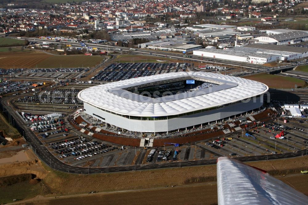 Aerial image Sinsheim - Sports facility grounds of the Arena stadium WIRSOL Rhein-Neckar-Arena an der Dietmar-Hopp-Strasse in Sinsheim in the state Baden-Wuerttemberg