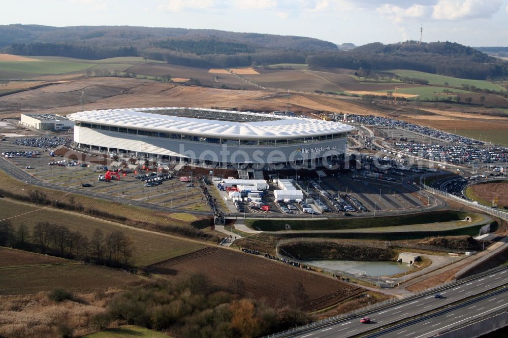 Aerial photograph Sinsheim - Sports facility grounds of the Arena stadium WIRSOL Rhein-Neckar-Arena an der Dietmar-Hopp-Strasse in Sinsheim in the state Baden-Wuerttemberg