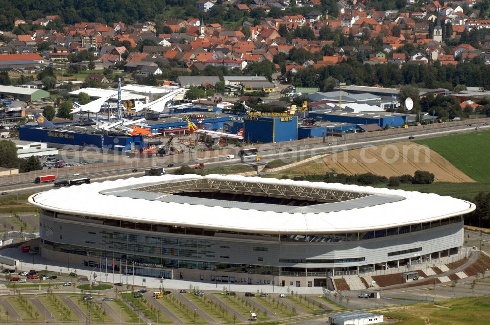 Aerial image Sinsheim - Sports facility grounds of the Arena stadium WIRSOL Rhein-Neckar-Arena an der Dietmar-Hopp-Strasse in Sinsheim in the state Baden-Wuerttemberg