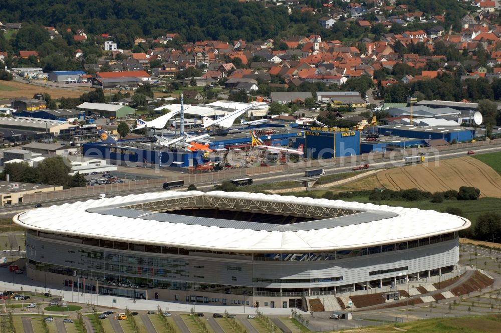 Aerial photograph Sinsheim - Sports facility grounds of the Arena stadium WIRSOL Rhein-Neckar-Arena an der Dietmar-Hopp-Strasse in Sinsheim in the state Baden-Wuerttemberg