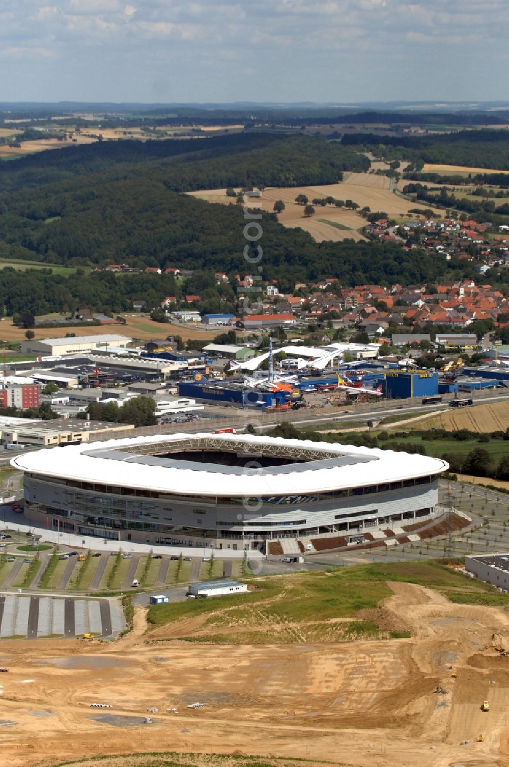 Sinsheim from above - Sports facility grounds of the Arena stadium WIRSOL Rhein-Neckar-Arena an der Dietmar-Hopp-Strasse in Sinsheim in the state Baden-Wuerttemberg