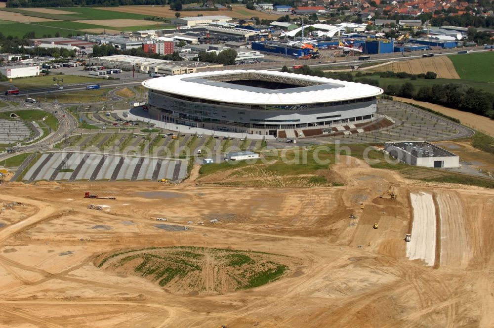 Sinsheim from the bird's eye view: Sports facility grounds of the Arena stadium WIRSOL Rhein-Neckar-Arena an der Dietmar-Hopp-Strasse in Sinsheim in the state Baden-Wuerttemberg