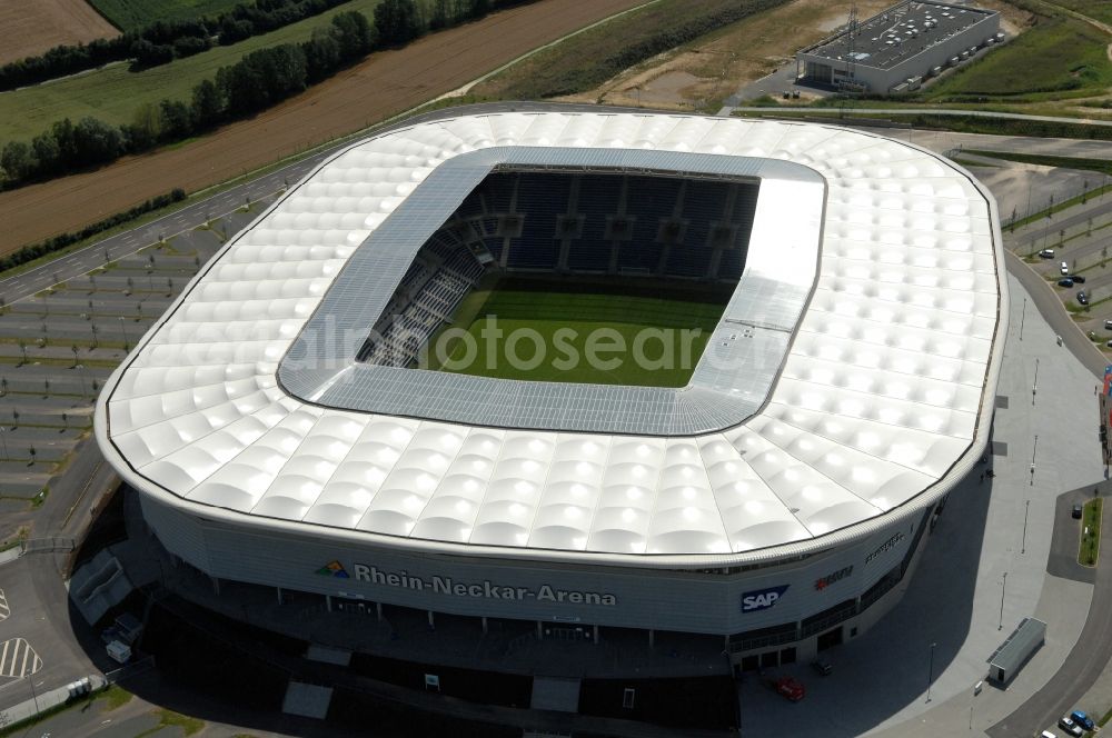 Aerial photograph Sinsheim - Sports facility grounds of the Arena stadium WIRSOL Rhein-Neckar-Arena an der Dietmar-Hopp-Strasse in Sinsheim in the state Baden-Wuerttemberg