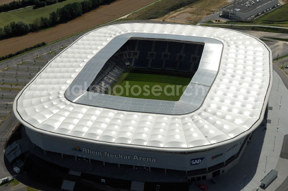 Sinsheim from above - Sports facility grounds of the Arena stadium WIRSOL Rhein-Neckar-Arena an der Dietmar-Hopp-Strasse in Sinsheim in the state Baden-Wuerttemberg