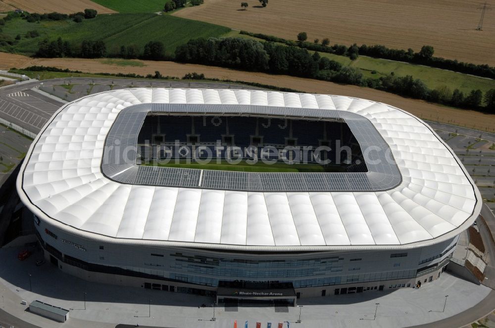 Sinsheim from the bird's eye view: Sports facility grounds of the Arena stadium WIRSOL Rhein-Neckar-Arena an der Dietmar-Hopp-Strasse in Sinsheim in the state Baden-Wuerttemberg