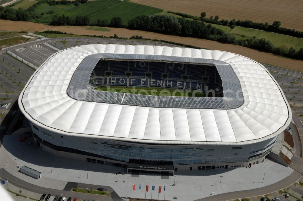 Aerial image Sinsheim - Sports facility grounds of the Arena stadium WIRSOL Rhein-Neckar-Arena an der Dietmar-Hopp-Strasse in Sinsheim in the state Baden-Wuerttemberg