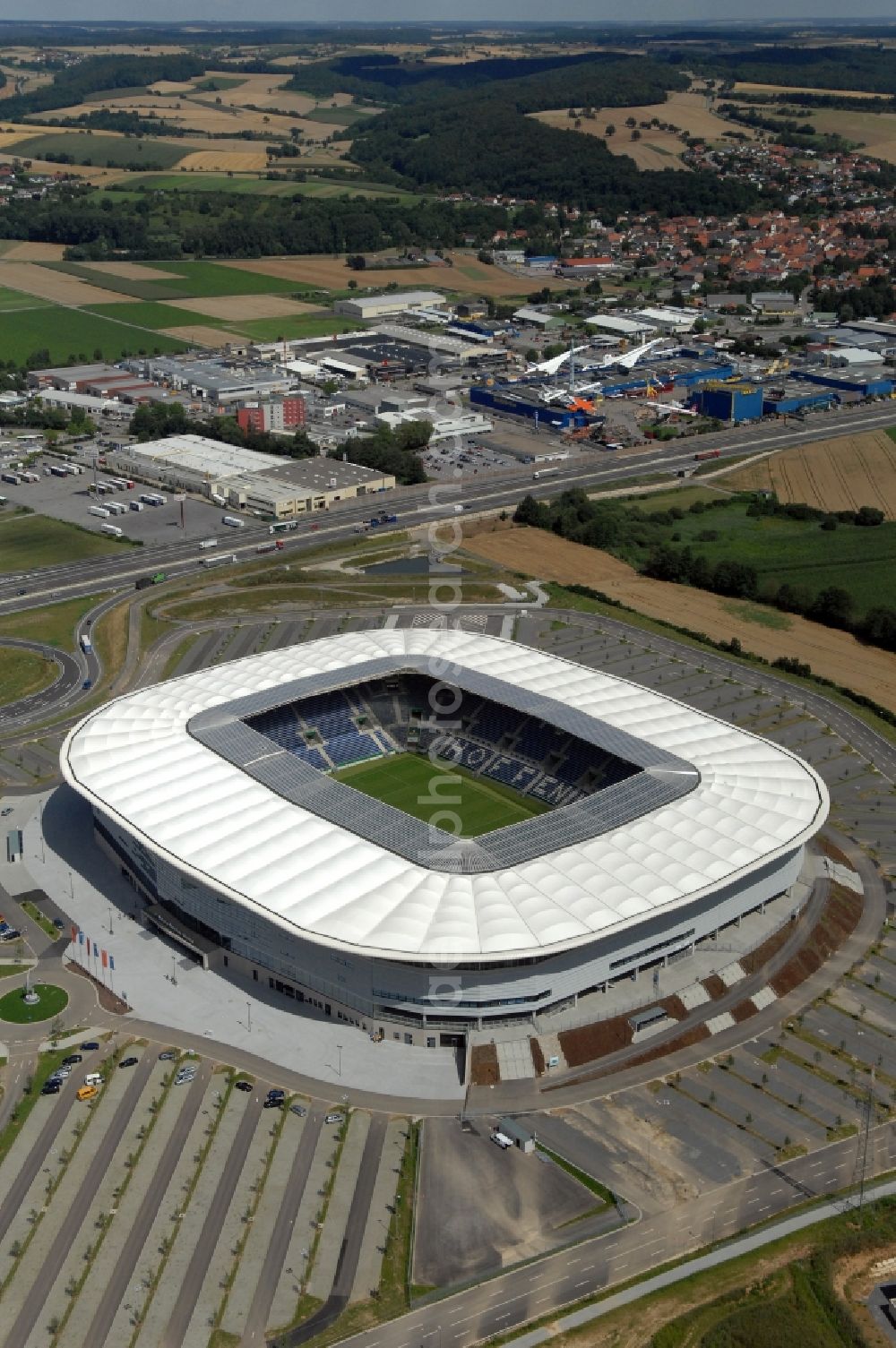 Aerial photograph Sinsheim - Sports facility grounds of the Arena stadium WIRSOL Rhein-Neckar-Arena an der Dietmar-Hopp-Strasse in Sinsheim in the state Baden-Wuerttemberg