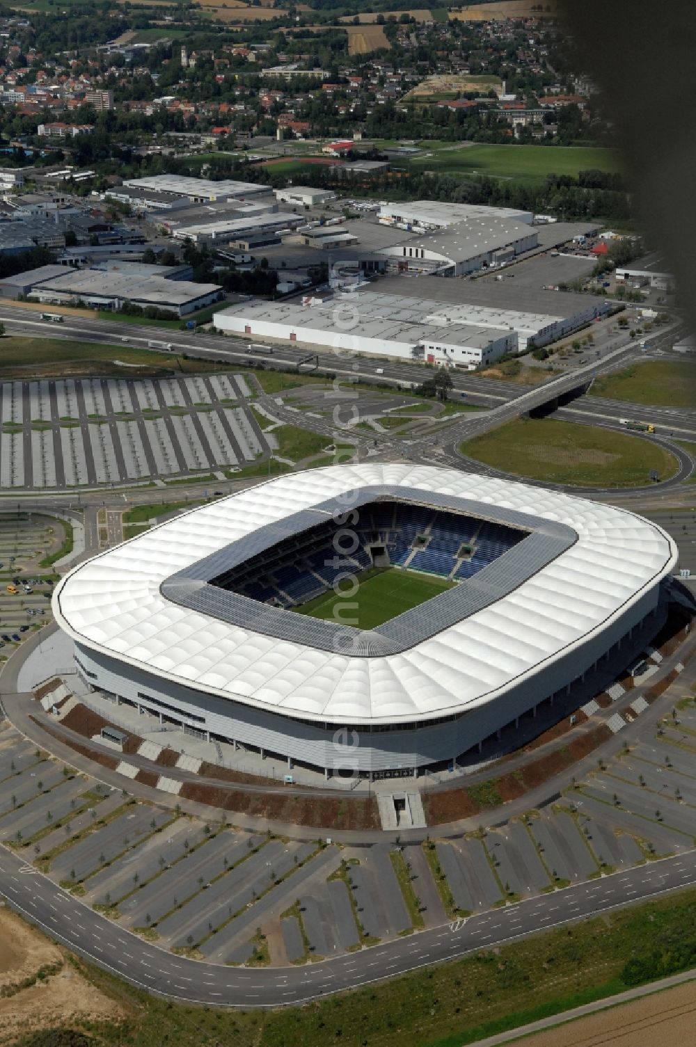 Sinsheim from above - Sports facility grounds of the Arena stadium WIRSOL Rhein-Neckar-Arena an der Dietmar-Hopp-Strasse in Sinsheim in the state Baden-Wuerttemberg