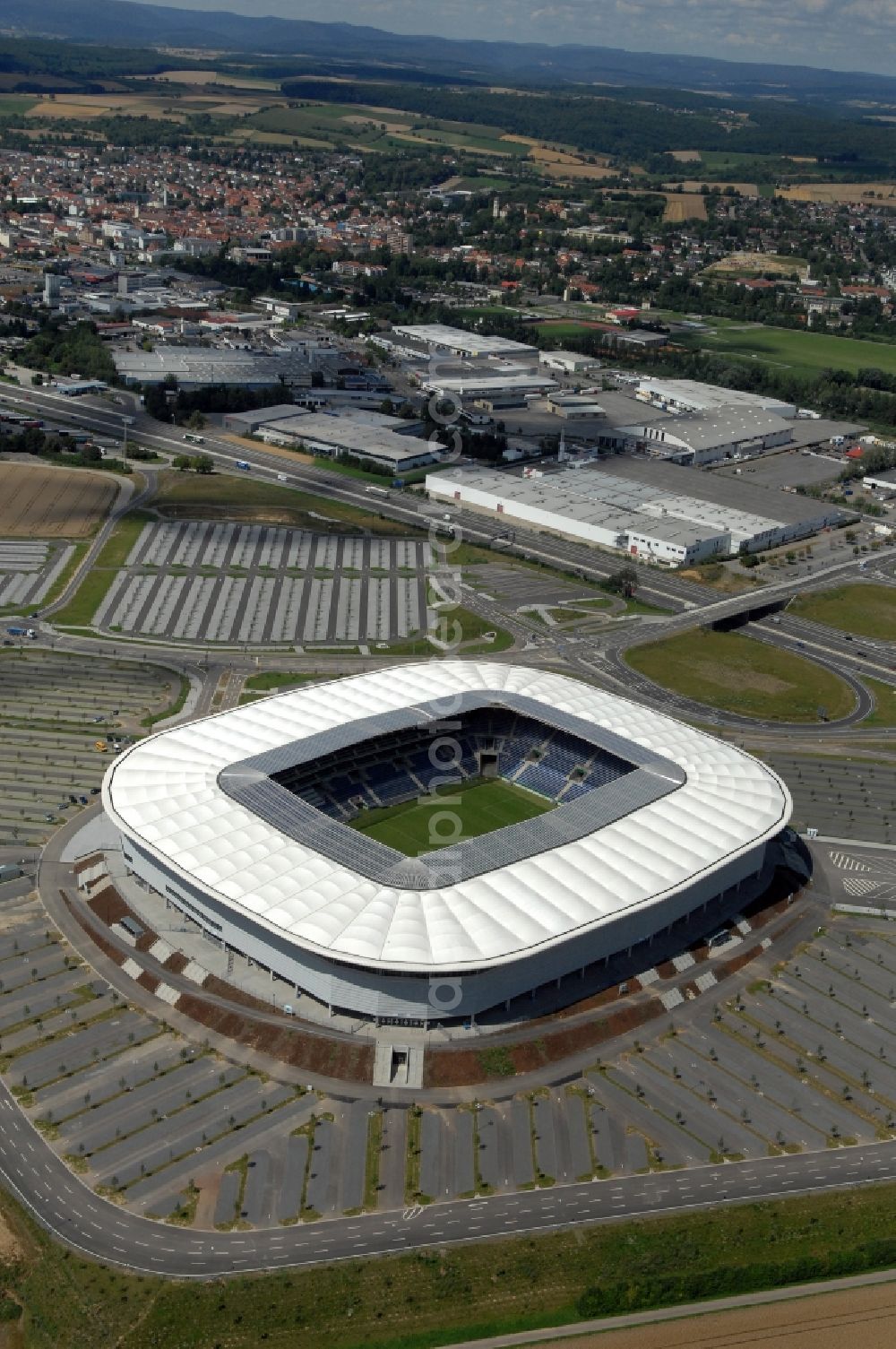 Sinsheim from the bird's eye view: Sports facility grounds of the Arena stadium WIRSOL Rhein-Neckar-Arena an der Dietmar-Hopp-Strasse in Sinsheim in the state Baden-Wuerttemberg