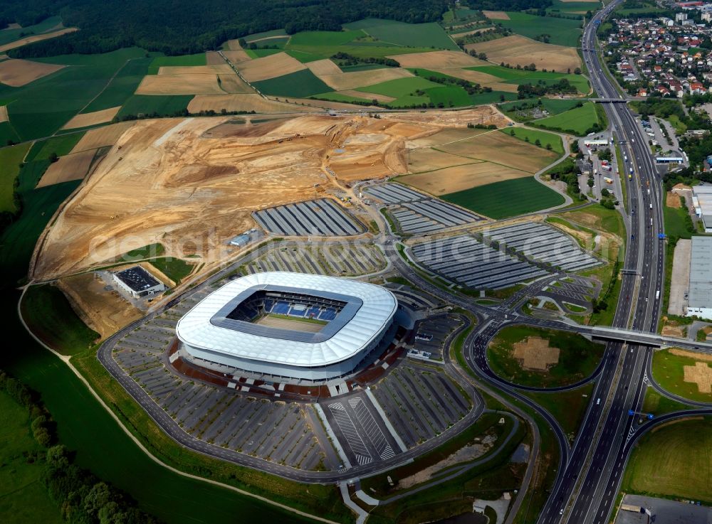 Sinsheim from above - Sports facility grounds of the Arena stadium WIRSOL Rhein-Neckar-Arena on Dietmar-Hopp-Strasse in Sinsheim in the state Baden-Wuerttemberg, Germany