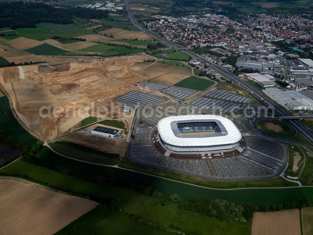 Sinsheim from the bird's eye view: Sports facility grounds of the Arena stadium WIRSOL Rhein-Neckar-Arena on Dietmar-Hopp-Strasse in Sinsheim in the state Baden-Wuerttemberg, Germany