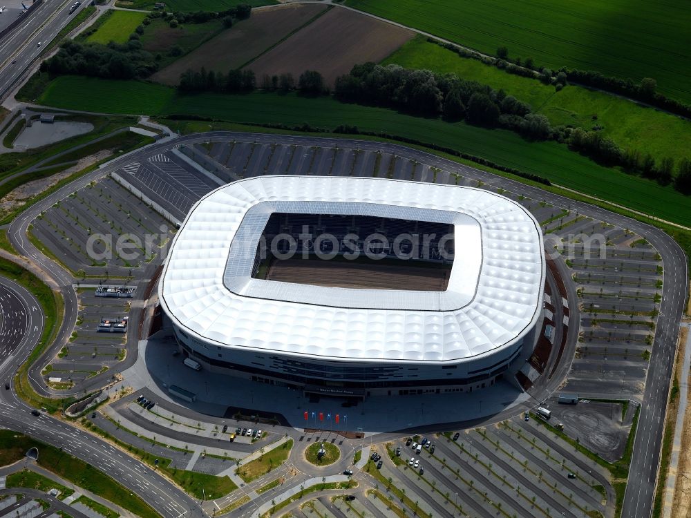 Sinsheim from above - Sports facility grounds of the Arena stadium WIRSOL Rhein-Neckar-Arena on Dietmar-Hopp-Strasse in Sinsheim in the state Baden-Wuerttemberg, Germany