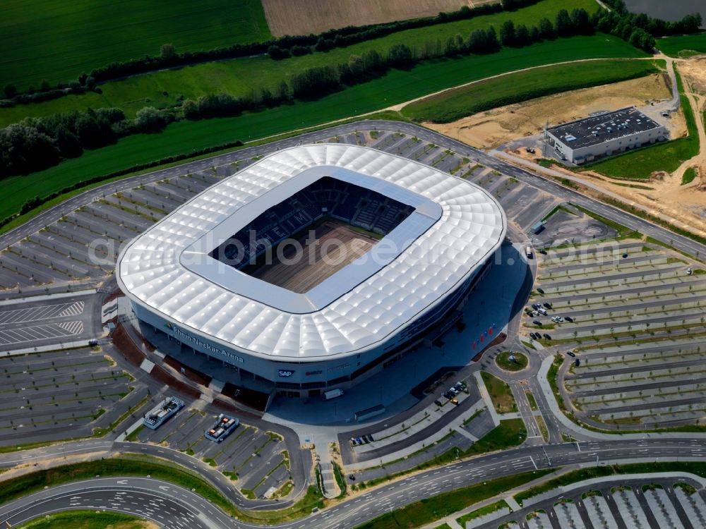 Sinsheim from the bird's eye view: Sports facility grounds of the Arena stadium WIRSOL Rhein-Neckar-Arena on Dietmar-Hopp-Strasse in Sinsheim in the state Baden-Wuerttemberg, Germany