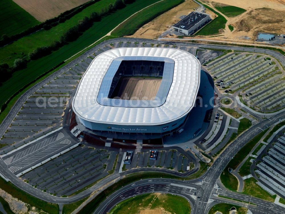 Aerial image Sinsheim - Sports facility grounds of the Arena stadium WIRSOL Rhein-Neckar-Arena on Dietmar-Hopp-Strasse in Sinsheim in the state Baden-Wuerttemberg, Germany