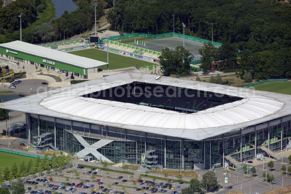 Aerial photograph Wolfsburg - Sports facility grounds of the Arena stadium in Wolfsburg in the state Lower Saxony