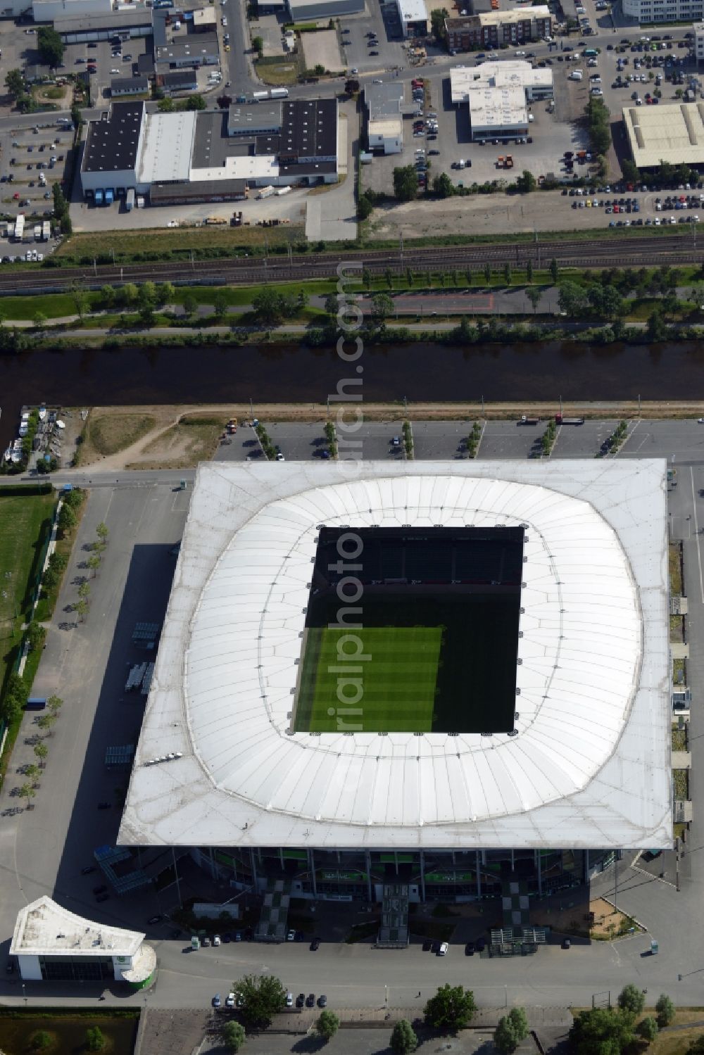 Wolfsburg from above - Sports facility grounds of the Arena stadium in Wolfsburg in the state Lower Saxony