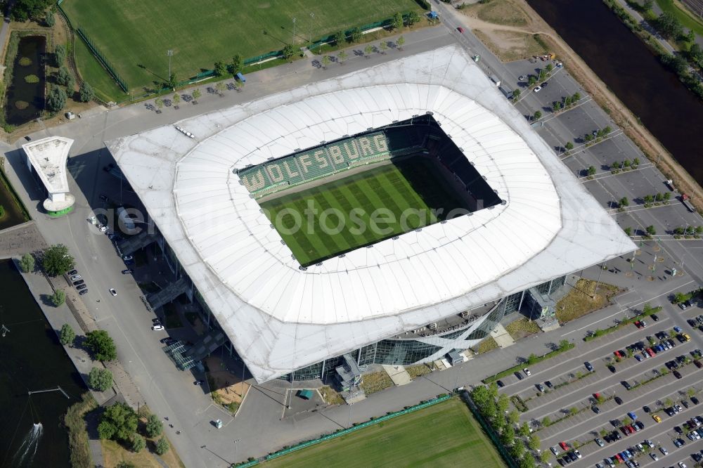 Aerial image Wolfsburg - Sports facility grounds of the Arena stadium in Wolfsburg in the state Lower Saxony