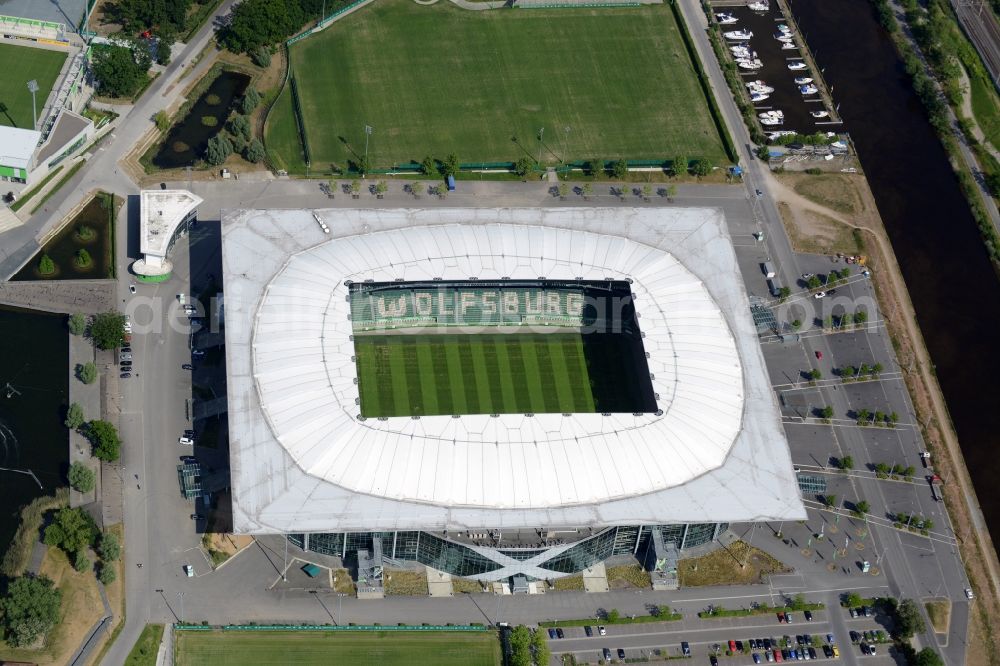 Aerial photograph Wolfsburg - Sports facility grounds of the Arena stadium in Wolfsburg in the state Lower Saxony