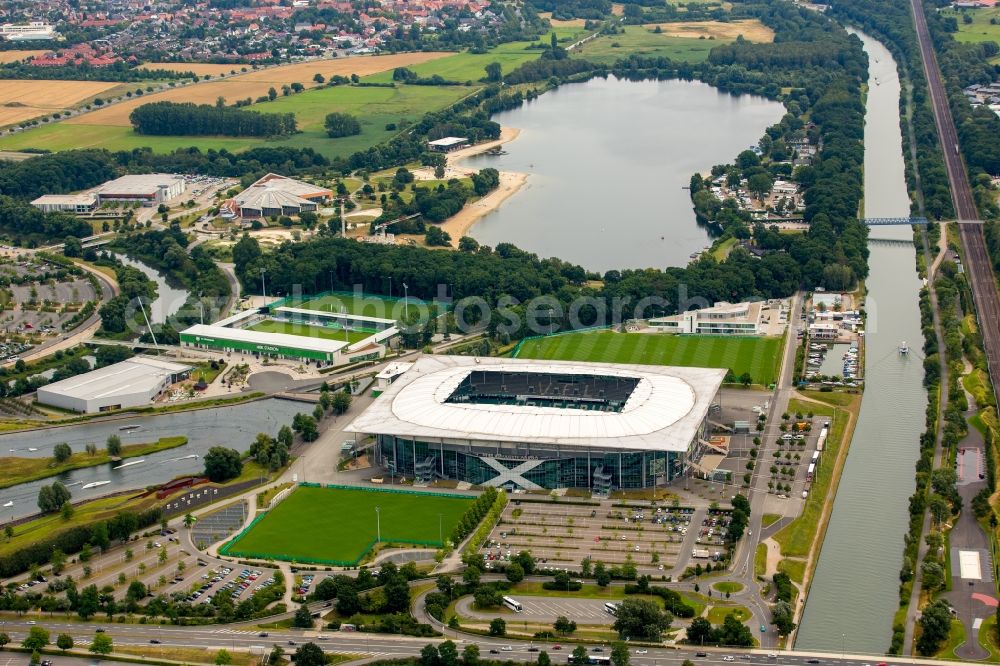 Wolfsburg from above - Sports facility grounds of the Arena stadium in Wolfsburg in the state Lower Saxony